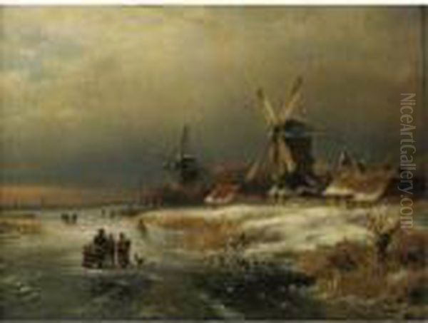 Ice Skating On A Frozen River Oil Painting by Lodewijk Johannes Kleijn