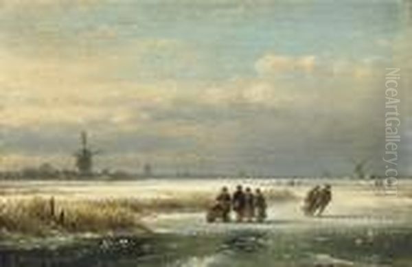 Skaters On The Ice Oil Painting by Lodewijk Johannes Kleijn