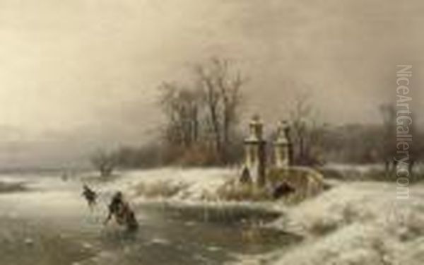 Een Wintergezicht: Skaters On The Ice Oil Painting by Lodewijk Johannes Kleijn