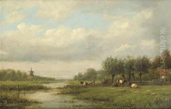 Cattle Grazing In A Meadow Oil Painting by Lodewijk Johannes Kleijn