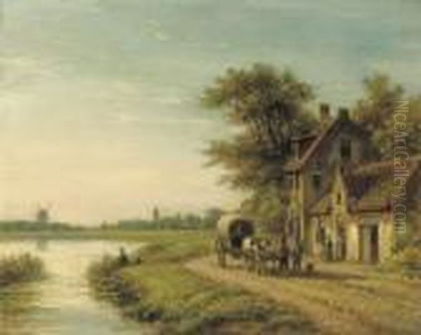 A Fisherman Along A River Oil Painting by Lodewijk Johannes Kleijn