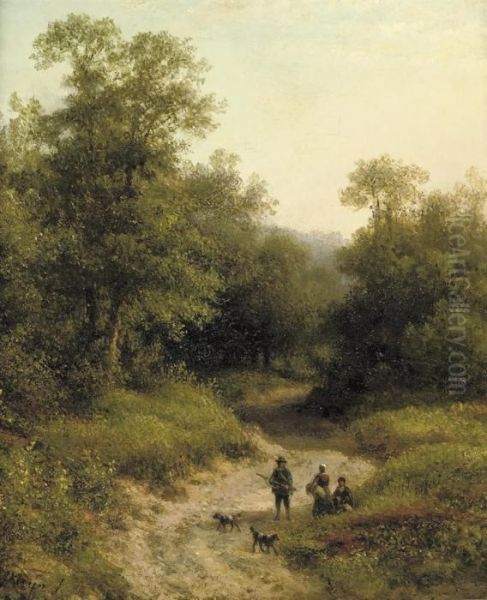 A Hunter And His Family On A Wooded Path Oil Painting by Lodewijk Johannes Kleijn