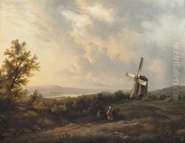 A Panoramic Summer Landscape With A Windmill Oil Painting by Lodewijk Johannes Kleijn