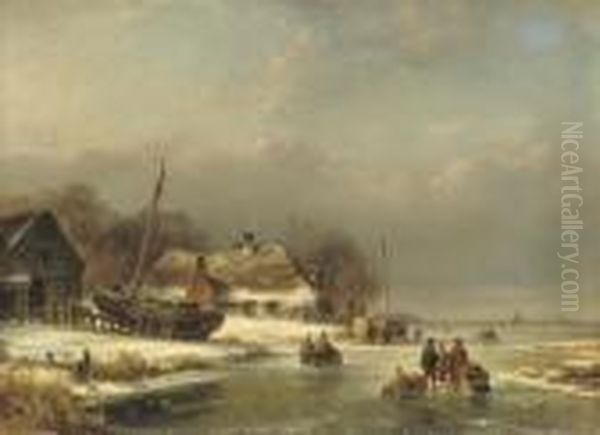 Figures On The Ice Near A Wharf Oil Painting by Lodewijk Johannes Kleijn