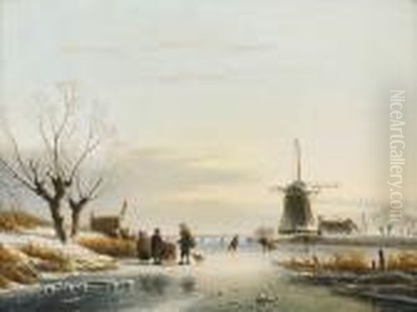 Zugefrorene Seepartie Mit Windmuhle Oil Painting by Lodewijk Johannes Kleijn