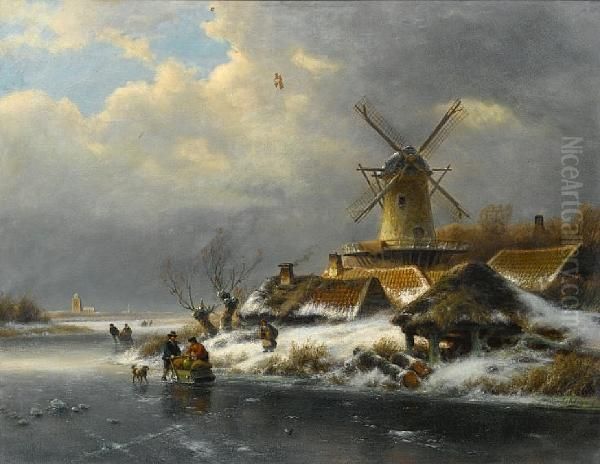 A Winter Landscape With Several Figures On Afrozen Waterway Oil Painting by Lodewijk Johannes Kleijn