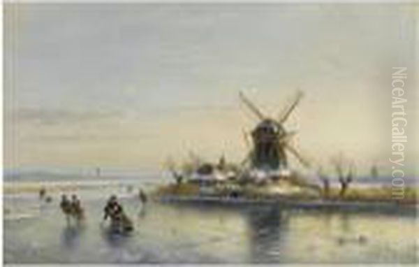 Skaters On A Frozen Waterway Near A Windmill Oil Painting by Lodewijk Johannes Kleijn