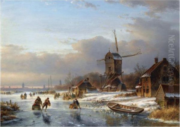 Many Skaters At A 'koek En Zopie' Near A Windmill Oil Painting by Lodewijk Johannes Kleijn