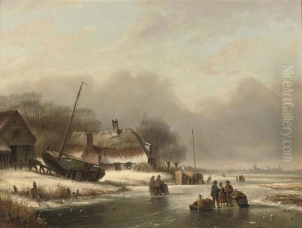 Daily Activities On The Ice Oil Painting by Lodewijk Johannes Kleijn