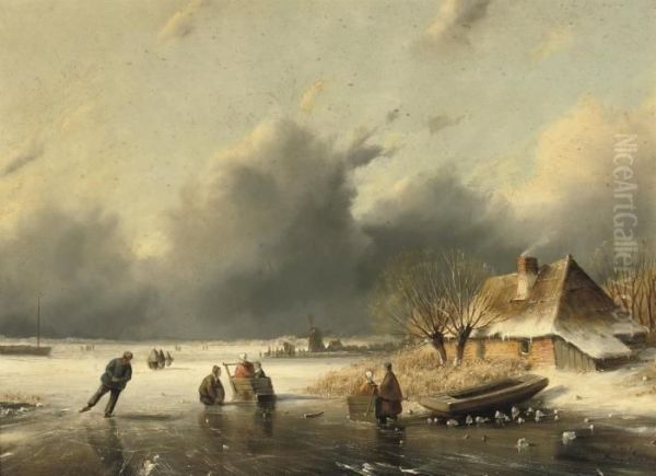 Villagers On A Frozen Waterway Oil Painting by Lodewijk Johannes Kleijn