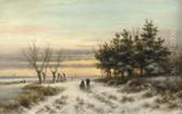 Strolling In A Snow Covered Landscape At Sunset Oil Painting by Lodewijk Johannes Kleijn