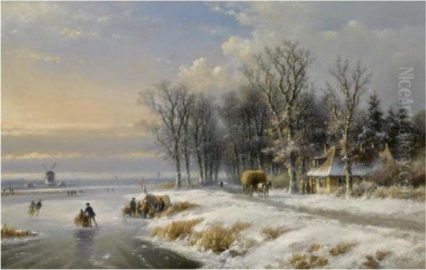 Skaters On The Ice Near A 'koek En Zopie' Oil Painting by Lodewijk Johannes Kleijn