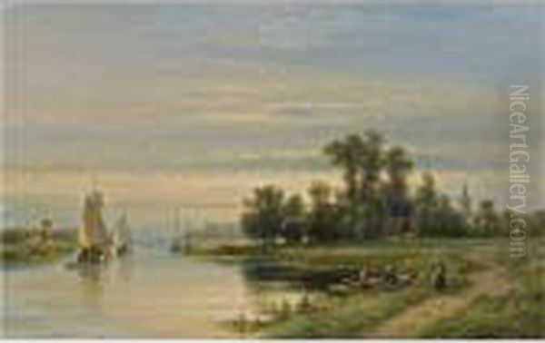 A Summer Landscape With Sailing Boats On A River Oil Painting by Lodewijk Johannes Kleijn