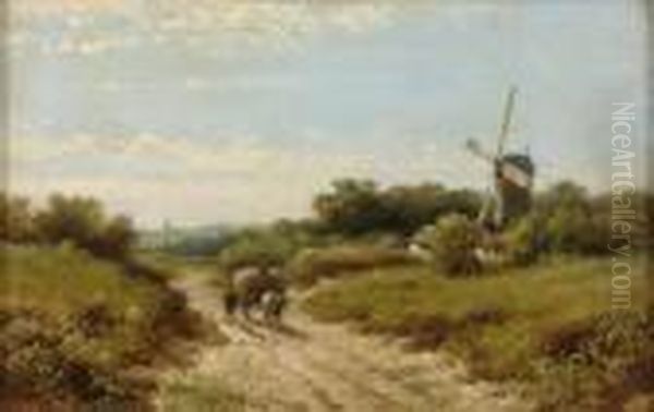 Sommerlandschaft Mit Heuwagen Und Windmuhle. Oil Painting by Lodewijk Johannes Kleijn