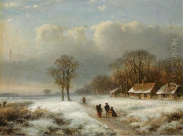 Figures In A Winter Landscape Oil Painting by Lodewijk Johannes Kleijn