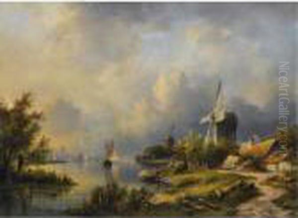 Anglers On The Waterfront, A Town In The Distance Oil Painting by Lodewijk Johannes Kleijn