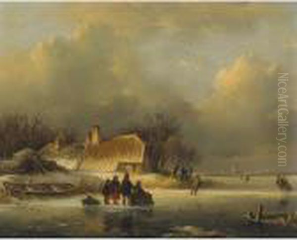 Skaters On A Frozen Pond Oil Painting by Lodewijk Johannes Kleijn