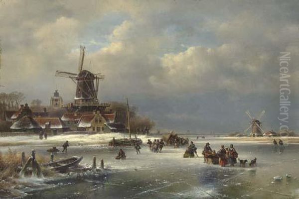 Villagers On A Frozen Waterway Oil Painting by Lodewijk Johannes Kleijn