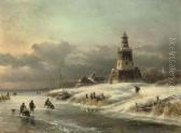 On The Ice Near A Lighthouse Oil Painting by Lodewijk Johannes Kleijn