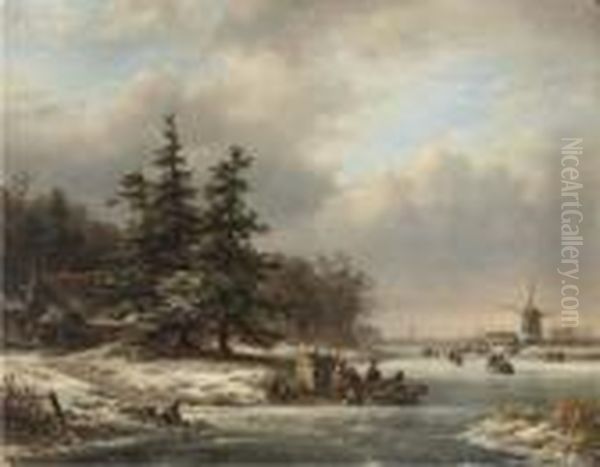 Skaters On The Ice With A Koek En Zopie And Utrecht In The Distance Oil Painting by Lodewijk Johannes Kleijn