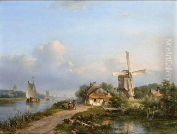 Figures On A Canal Near A Windmill Oil Painting by Lodewijk Johannes Kleijn