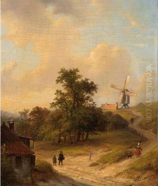 Figures On A Country Road, A Windmill In The Distance Oil Painting by Lodewijk Johannes Kleijn