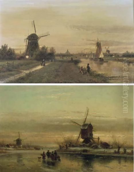 The Vliet Near The Hague In Summer; And On The Ice Near A Windmill In Winter Oil Painting by Lodewijk Johannes Kleijn