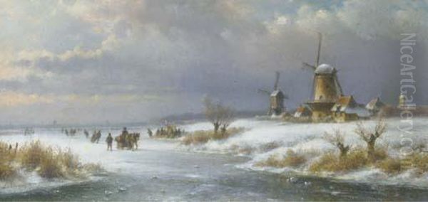 Winter In Holland With A Koek En Zopie On The Ice Oil Painting by Lodewijk Johannes Kleijn