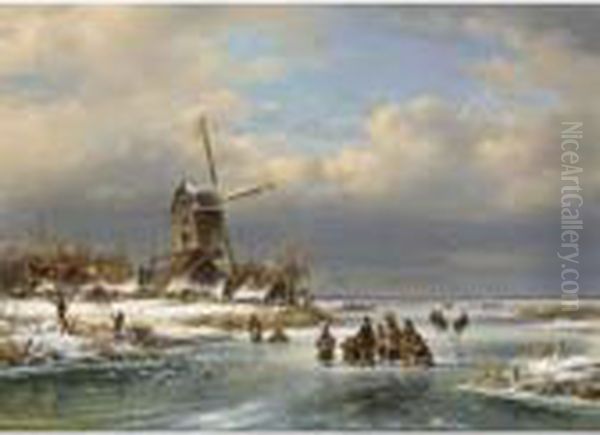 A Winter Landscape With Figures Near A Windmill Oil Painting by Lodewijk Johannes Kleijn