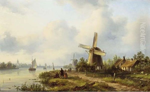 A River Landscape With Anglers Oil Painting by Lodewijk Johannes Kleijn