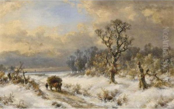 A Horse Drawn Cart In A Winter Landscape Oil Painting by Lodewijk Johannes Kleijn