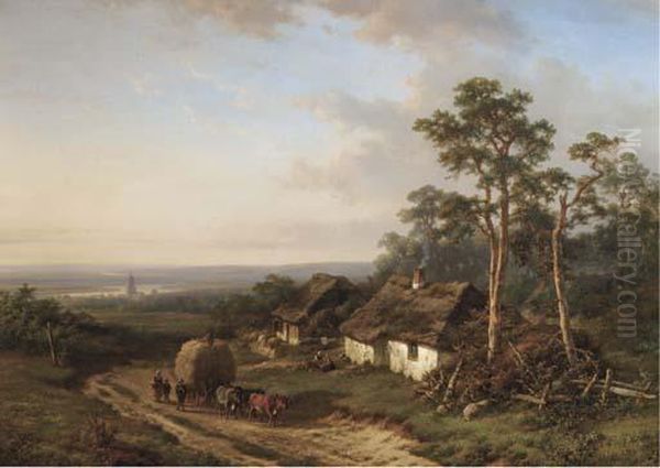 Geldersch Landschap: A Panoramic River Landscape With Farmersreturning Home Oil Painting by Lodewijk Johannes Kleijn