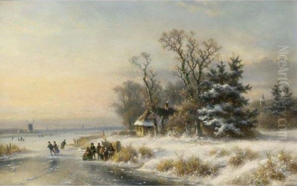 A Winter Landscape With Skaters Near A 'koek En Zopie' Oil Painting by Lodewijk Johannes Kleijn