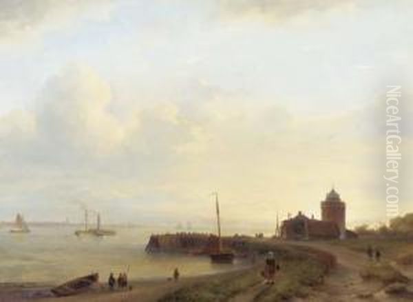 A Panoramic River Landscape With Figures On An Embankment And A Town In The Distance Oil Painting by Lodewijk Johannes Kleijn