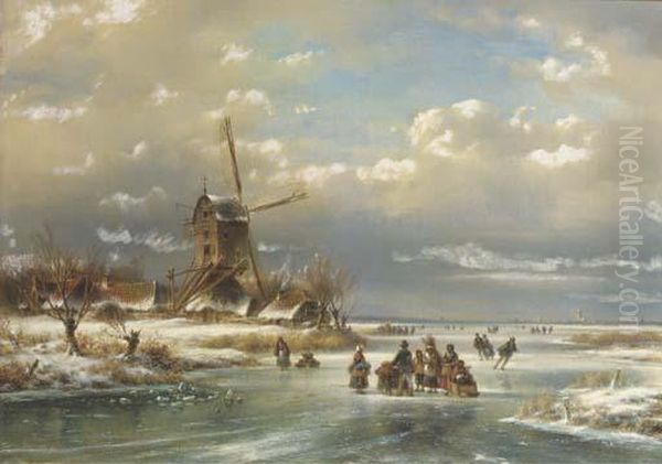 Figures On A Frozen River By A Windmill Oil Painting by Lodewijk Johannes Kleijn