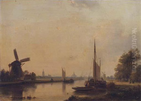 Moored Vessels On The Vliet, The Hague Beyond Oil Painting by Lodewijk Johannes Kleijn