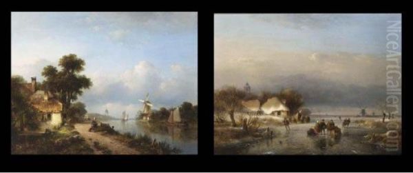 A Summer Landscape With Figures 
On A Riverbank; A Winter Landscape With Skaters On A Frozen Waterway (a 
Pair) Oil Painting by Lodewijk Johannes Kleijn