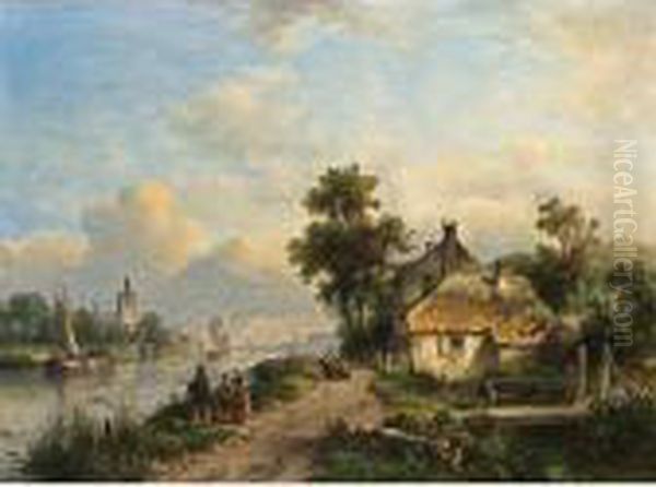 A Summer Landscape With Figures Along A Waterway Oil Painting by Lodewijk Johannes Kleijn