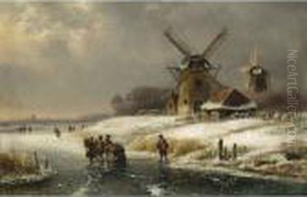 Figures On A Frozen Waterway By A Windmill Oil Painting by Lodewijk Johannes Kleijn