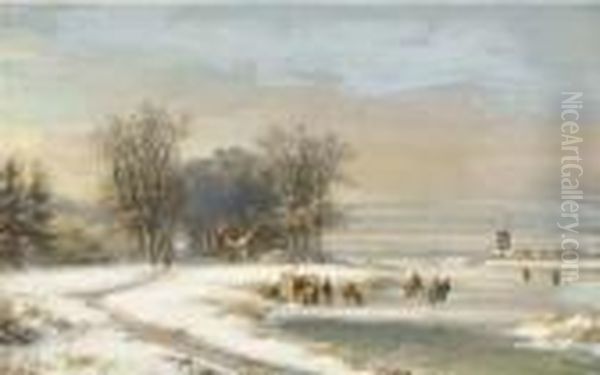 Skaters On The Ice By A Koek En Zopie, A Windmill In Thedistance Oil Painting by Lodewijk Johannes Kleijn