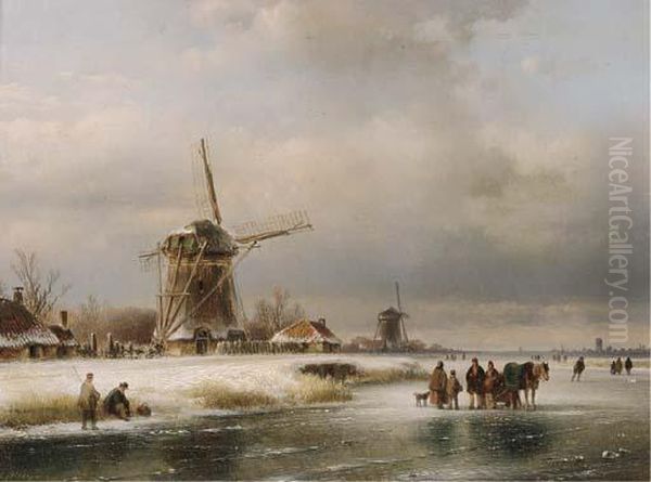 Figures On A Frozen Waterway With Windmills On The River Bank Oil Painting by Lodewijk Johannes Kleijn