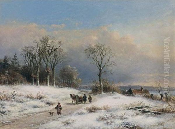 Peasants In A Winter Landscape Oil Painting by Lodewijk Johannes Kleijn