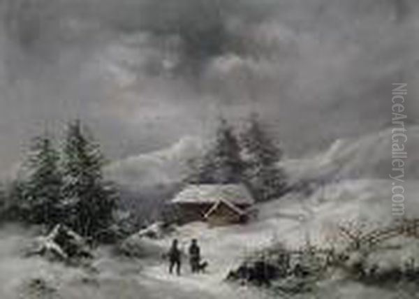 Winterliche Hochgebirgslandschaft Mit Jagerpaar Und Hund Vor Alter Kate Oil Painting by Lodewijk Johannes Kleijn