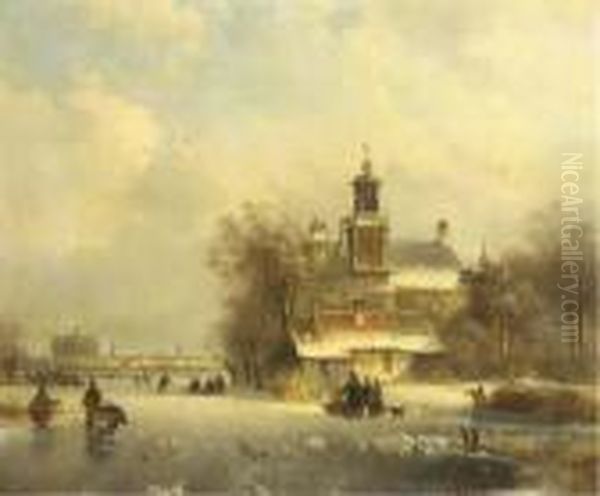 Numerous Skaters On The Ice By A
 Church, A Koek And Zopie And Asunlit Town In The Distance Oil Painting by Lodewijk Johannes Kleijn