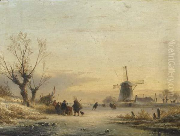 Numerous Figures And A Koek En Zopie On The Ice Oil Painting by Lodewijk Johannes Kleijn