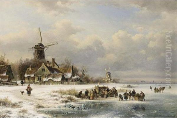 Skaters On A Frozen River Near A 'koek En Zopie' Oil Painting by Lodewijk Johannes Kleijn