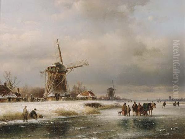 A Frozen Winter Landscape Oil Painting by Lodewijk Johannes Kleijn