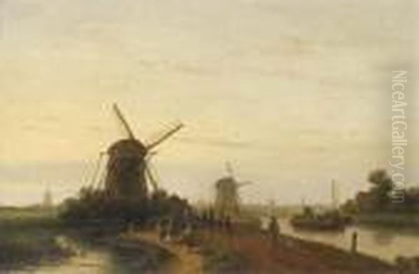 Figures Along A Canal Near The Hague Oil Painting by Lodewijk Johannes Kleijn