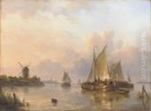 Shipping In A Dutch Harbor Oil Painting by Lodewijk Johannes Kleijn