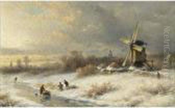 Wood Gatherers In A Winter Landscape Oil Painting by Lodewijk Johannes Kleijn